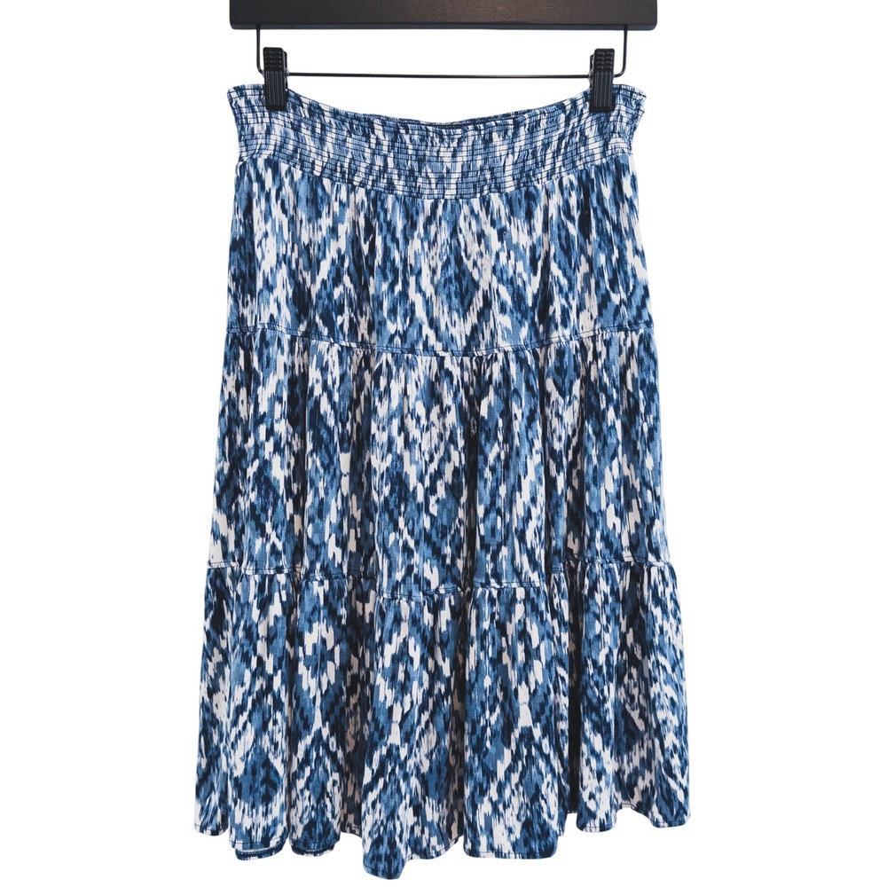 St. John's Bay Skirt Womens Medium Blue Ikat Tiered Elastic Waist Midi Boho